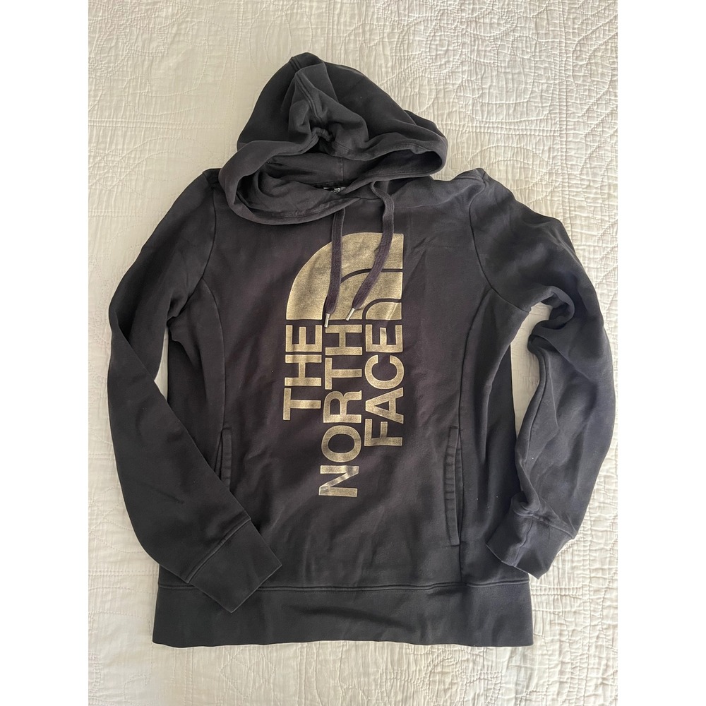 The North Face Womens Hoodie Black Gold Metallic Logo Pullover Sweatshirt M